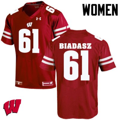 Women's Wisconsin Badgers NCAA #61 Tyler Biadasz Red Authentic Under Armour Stitched College Football Jersey FB31R47VB